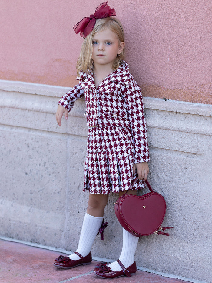 Burgundy Houndstooth Jacket and Pleated Skirt Set Mia Belle Girls