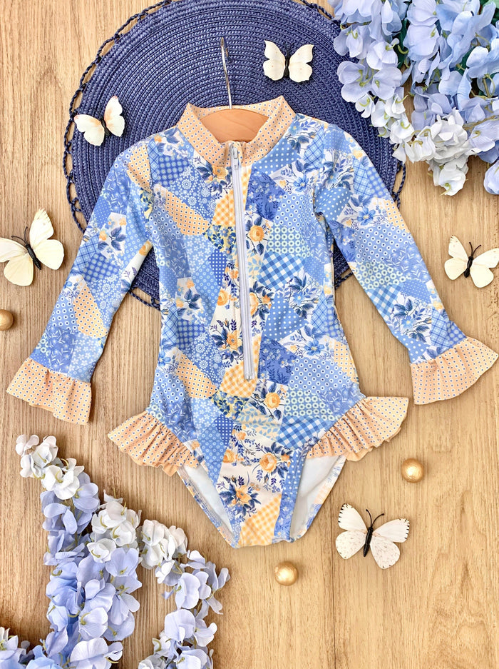 Girls Mixed Patchwork One Piece Swimsuit | Mia Belle Girls Swimwear