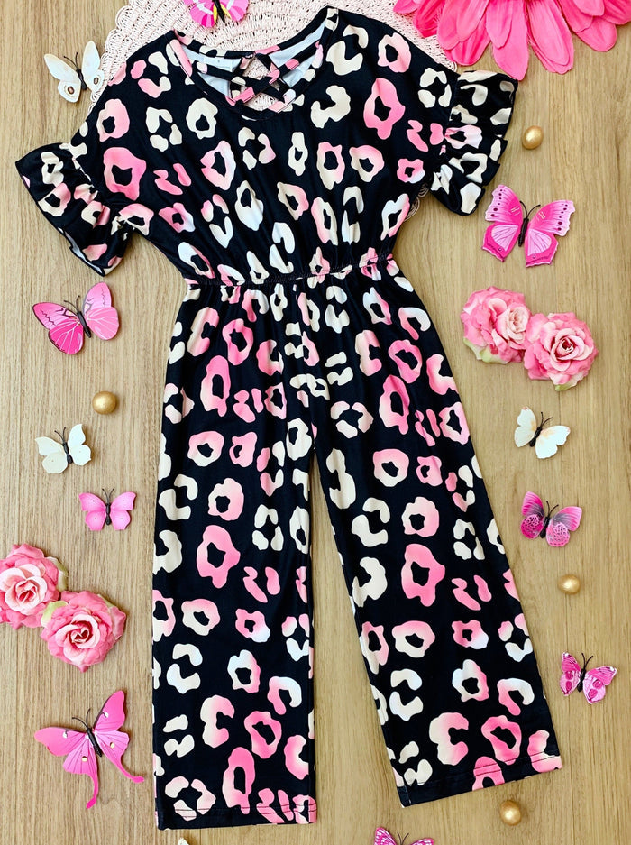 Kids Spring Fashion Sale | Girls Leopard Print Short Sleeve Jumpsuit