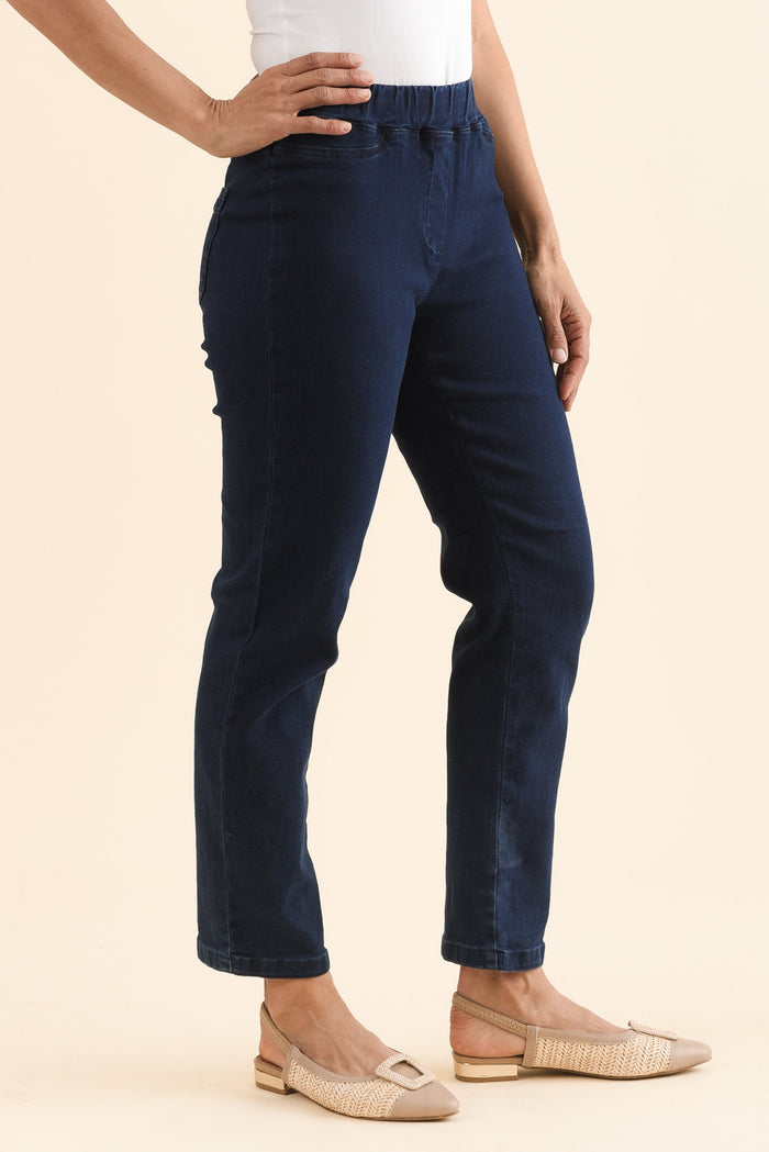 Callie Navy Cotton 7/8 Stretch Pants,Side,Brunette model,alt text|model:Cara