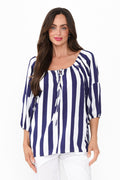 Camilla Blue Stripe Top,Brunette model,alt text|model:Elouise