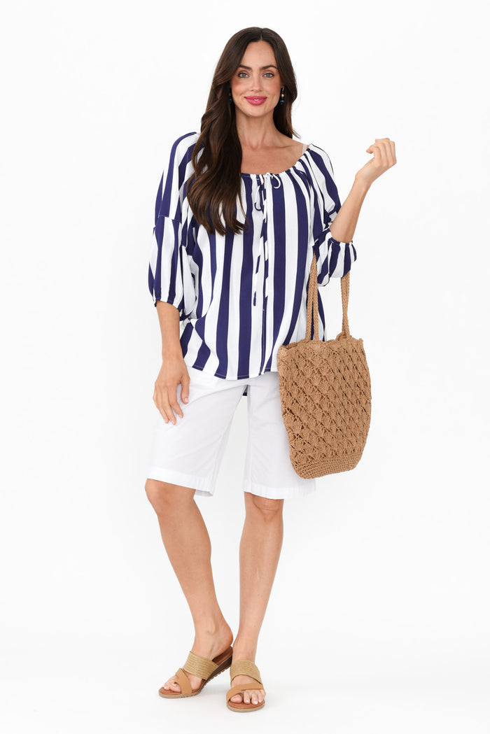 Camilla Blue Stripe Top,Brunette model,alt text|model:Elouise