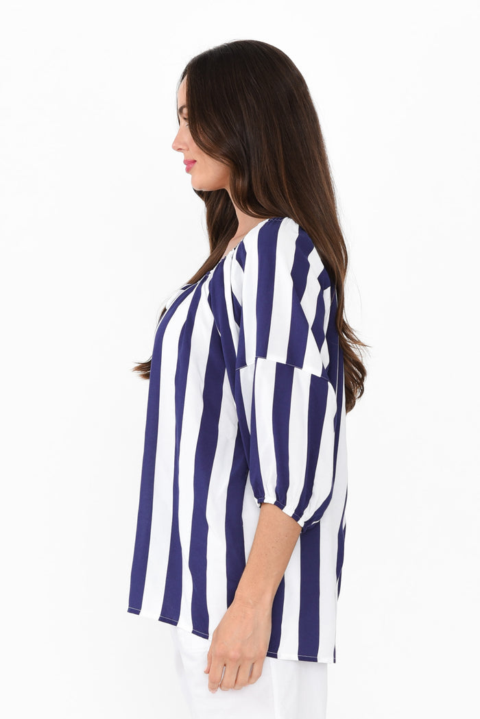 Camilla Blue Stripe Top,Brunette model,alt text|model:Elouise