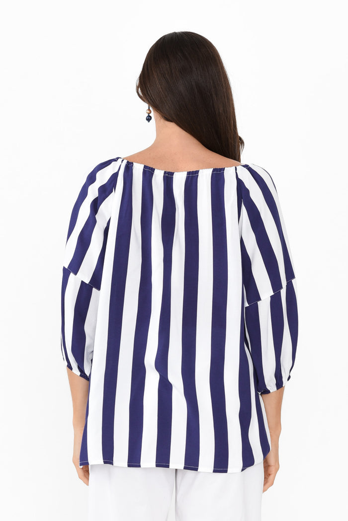 Camilla Blue Stripe Top,Brunette model,alt text|model:Elouise