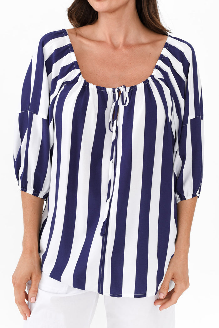 Camilla Blue Stripe Top,Brunette model,alt text|model:Elouise