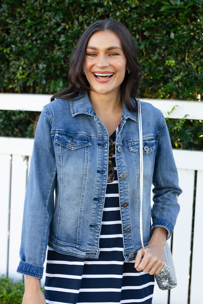 Camille Dark Denim Jacket,Brunette model,Lifestyle