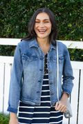 Camille Dark Denim Jacket,Brunette model,Lifestyle