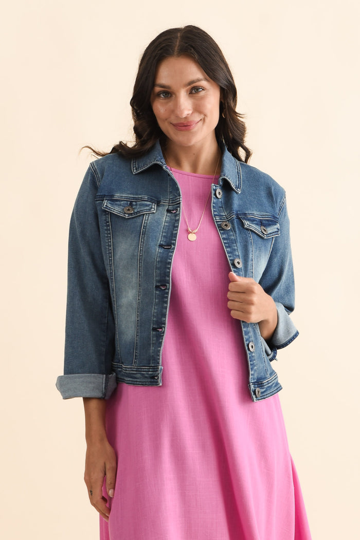 Camille Dark Denim Jacket,Brunette model,alt text|model:Brontie