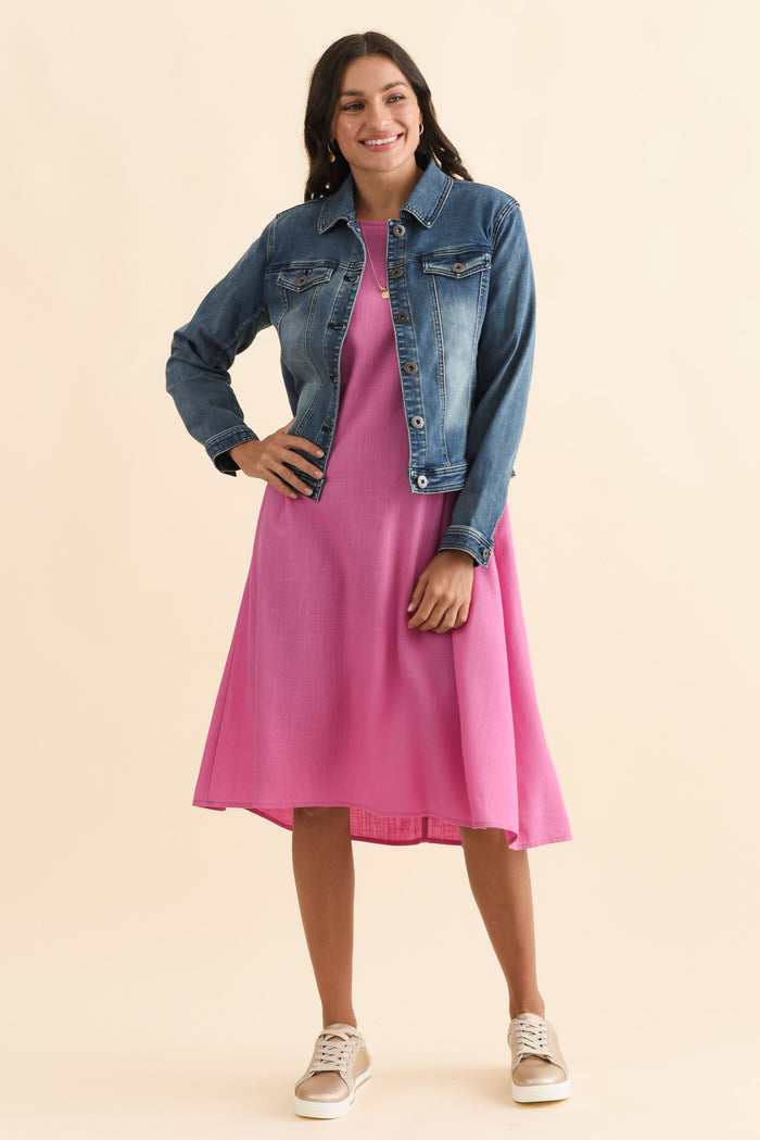 Camille Dark Denim Jacket,Brunette model,alt text|model:Brontie