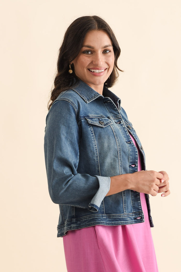 Camille Dark Denim Jacket,Brunette model,alt text|model:Brontie