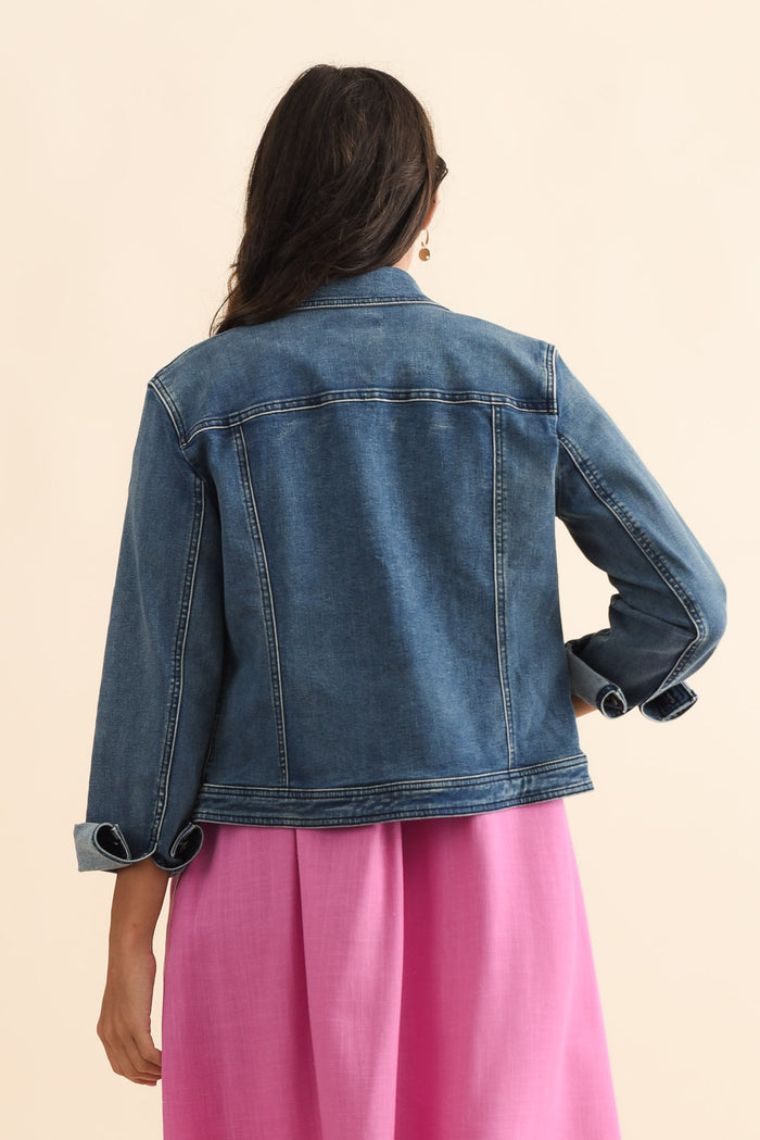 Camille Dark Denim Jacket,Brunette model,alt text|model:Brontie