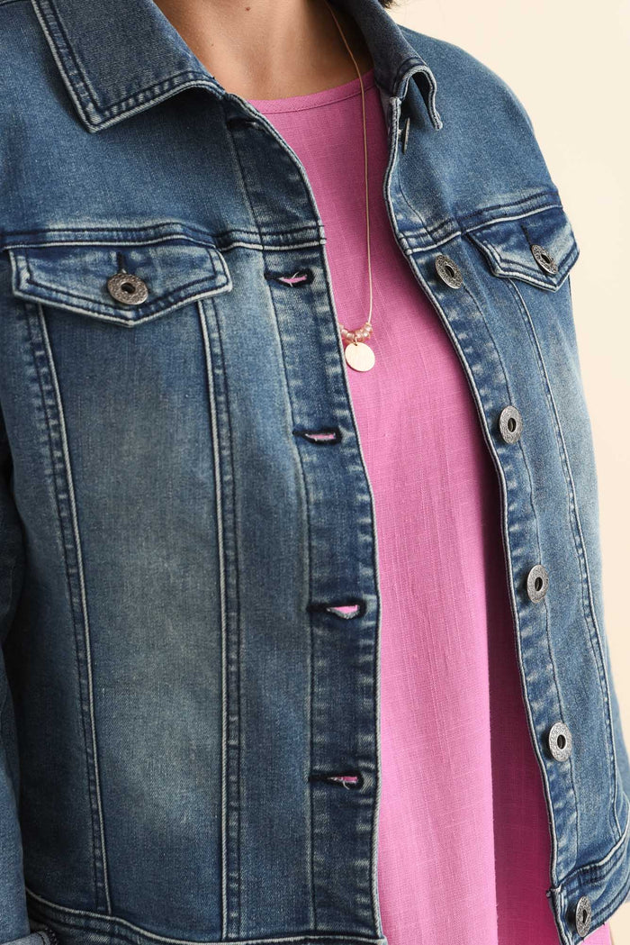 Camille Dark Denim Jacket,Brunette model,alt text|model:Brontie