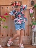 Mia Belle Girls Camo Smocked Top And Denim Shorts Set | 4th of July
