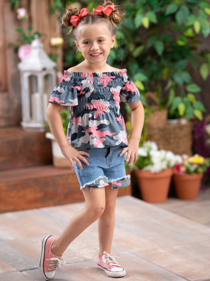 Mia Belle Girls Camo Smocked Top And Denim Shorts Set | 4th of July