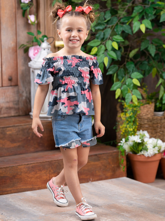 Kids Spring Clothes | Girls Camouflage Smocked Top & Denim Shorts Set