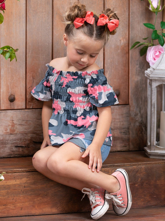 Mia Belle Girls Camo Smocked Top And Denim Shorts Set | 4th of July