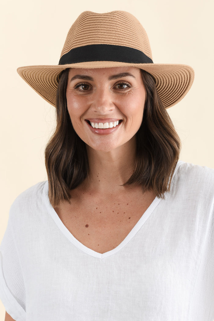 Caramel Wide Brim Travel Fedora