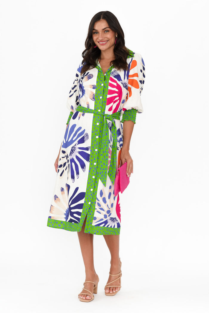 Catalina Cream Abstract Linen Blend Tie Dress,Brunette model,alt text|model:Brontie