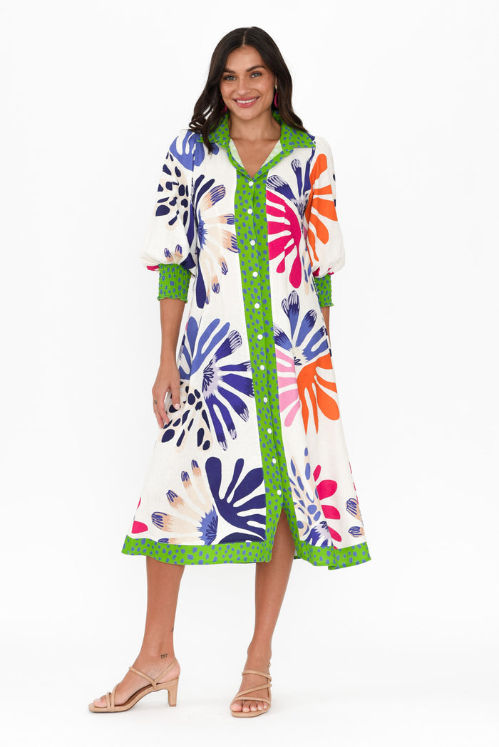 Catalina Cream Abstract Linen Blend Tie Dress,Brunette model,alt text|model:Brontie