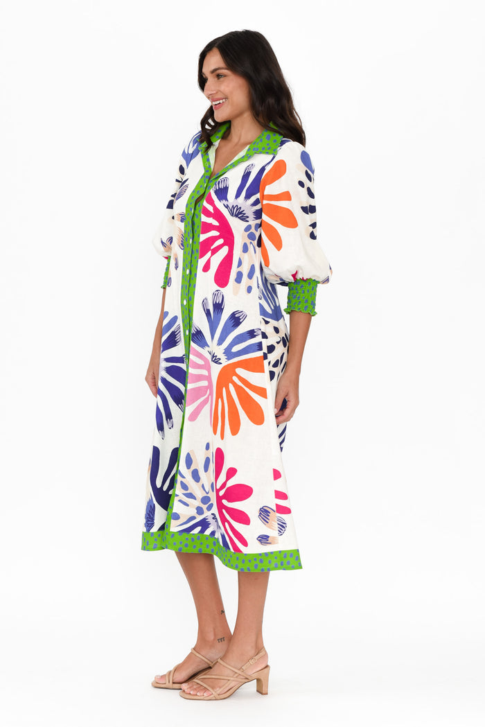 Catalina Cream Abstract Linen Blend Tie Dress,Brunette model,alt text|model:Brontie
