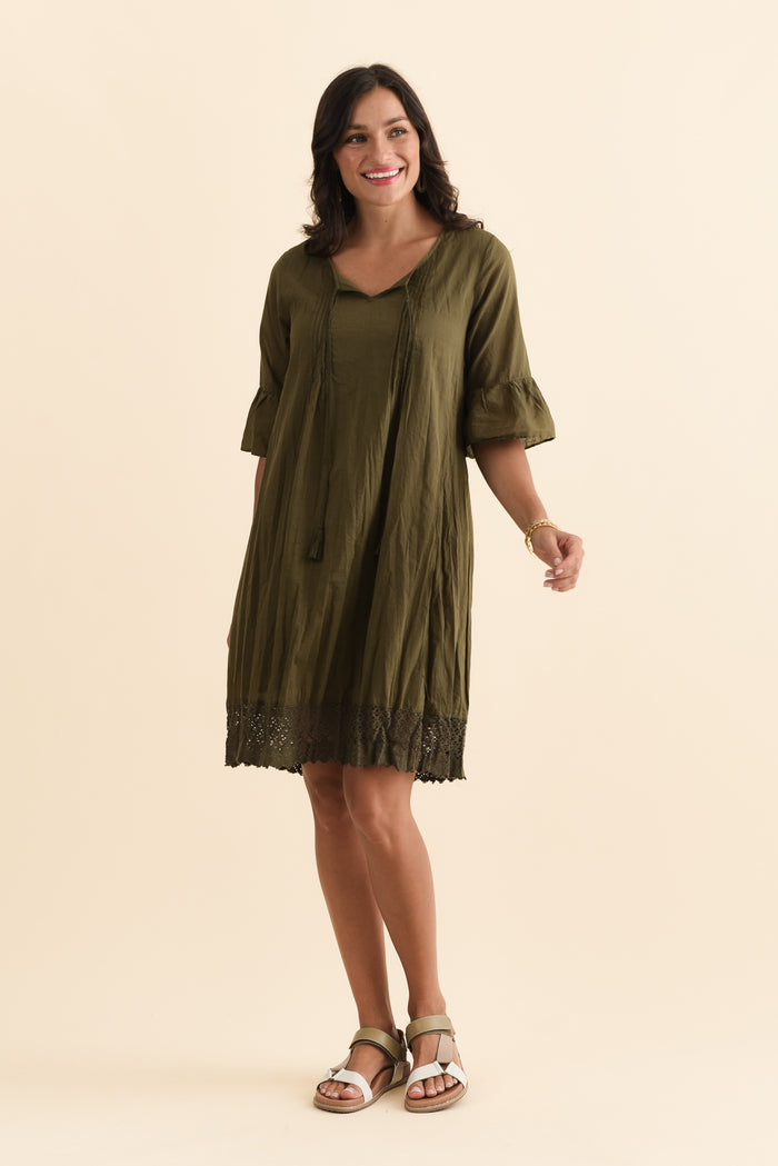 Cayman Khaki Cotton Tunic Dress,Brunette model,alt text|model:Brontie