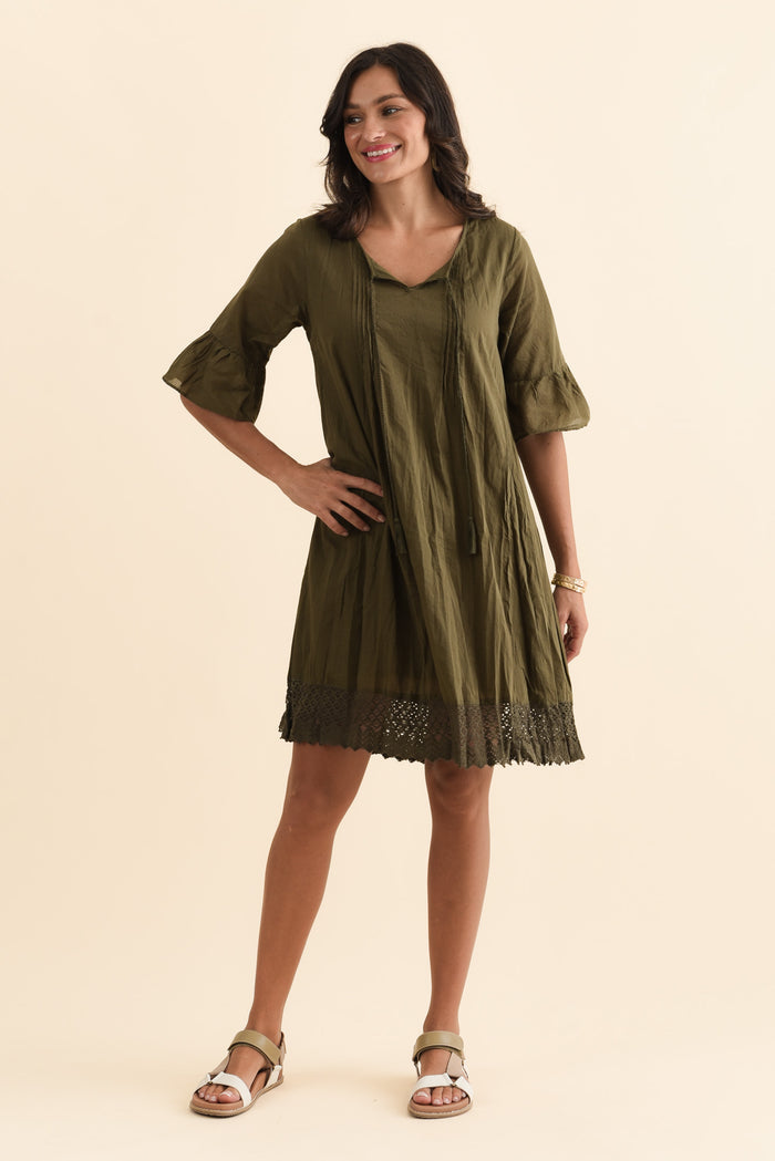 Cayman Khaki Cotton Tunic Dress,Brunette model,alt text|model:Brontie