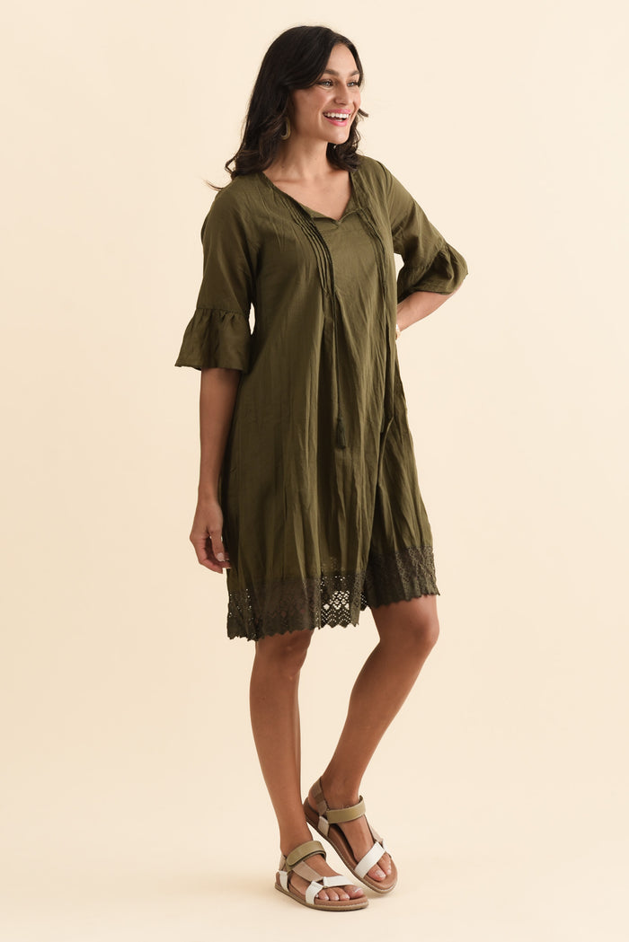 Cayman Khaki Cotton Tunic Dress,Brunette model,alt text|model:Brontie