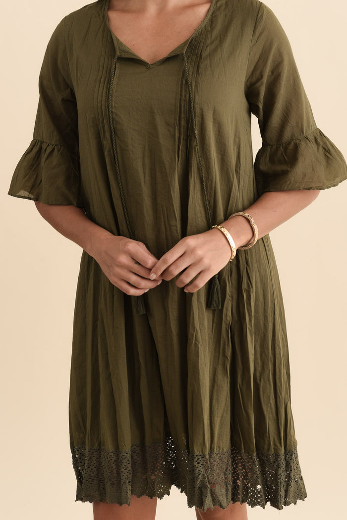 Cayman Khaki Cotton Tunic Dress,Brunette model,alt text|model:Brontie