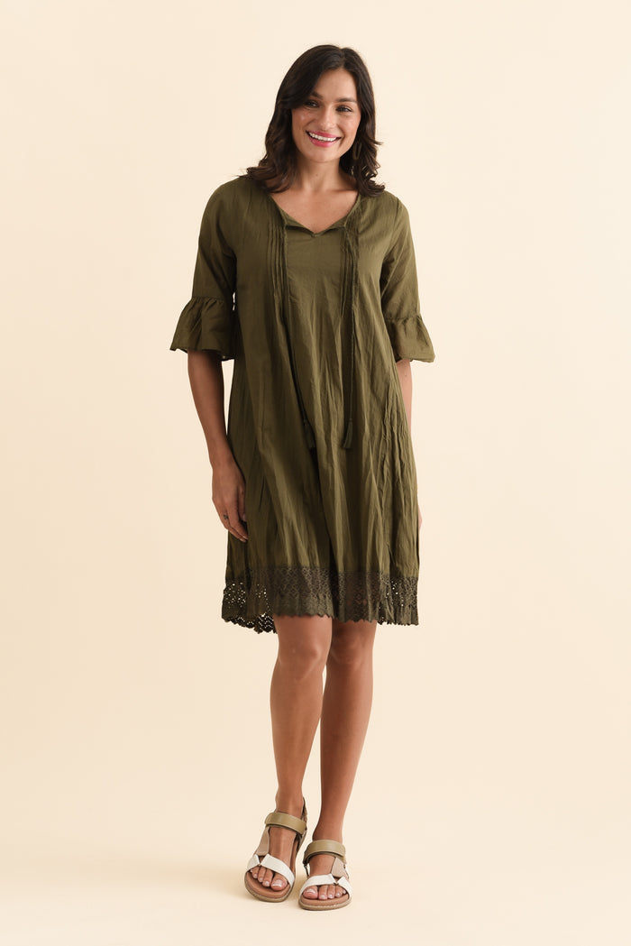 Cayman Khaki Cotton Tunic Dress,Brunette model,alt text|model:Brontie