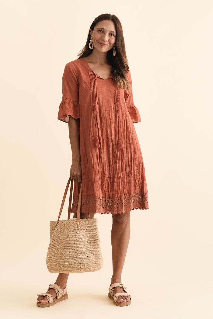 Cayman Rust Cotton Tunic Dress,Brunette model,alt text|model:Cara