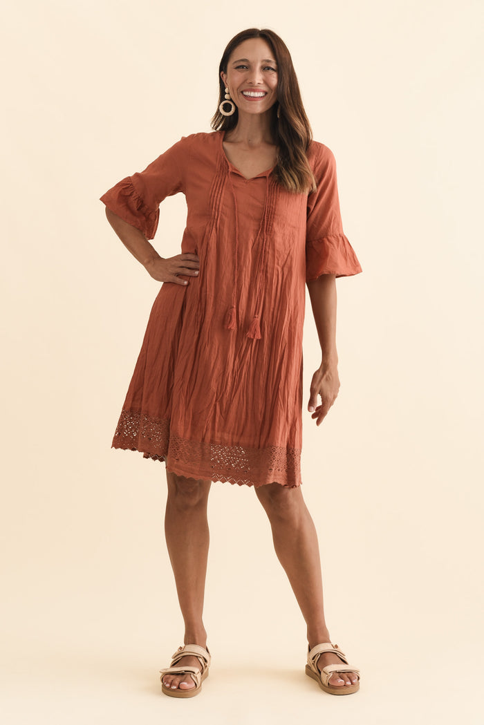 Cayman Rust Cotton Tunic Dress,Brunette model,alt text|model:Cara