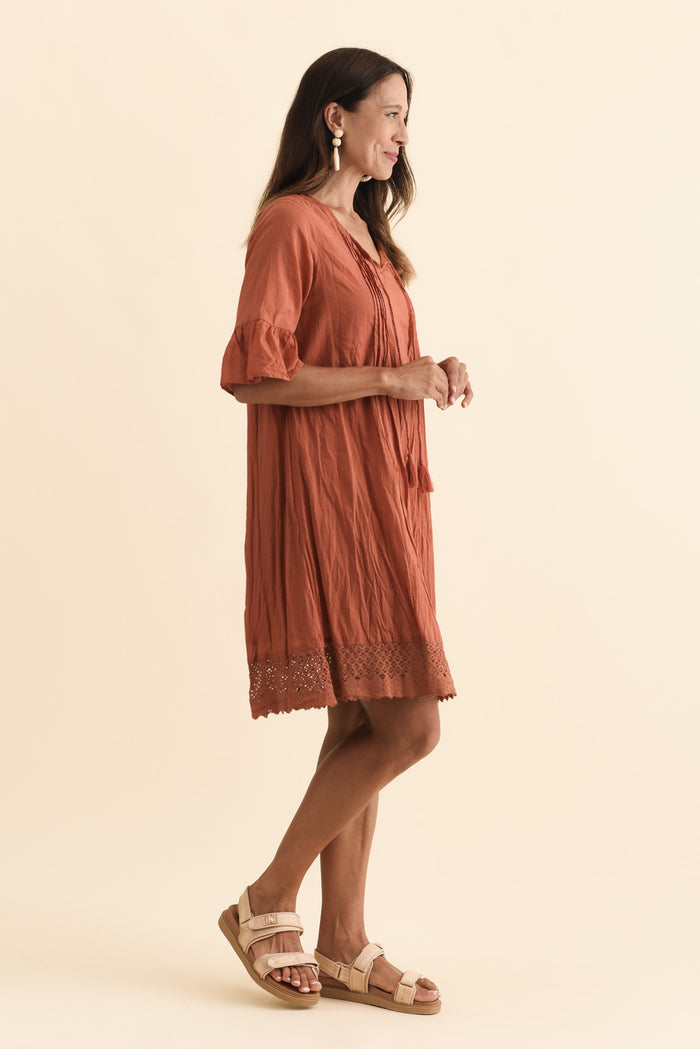 Cayman Rust Cotton Tunic Dress,Brunette model,alt text|model:Cara