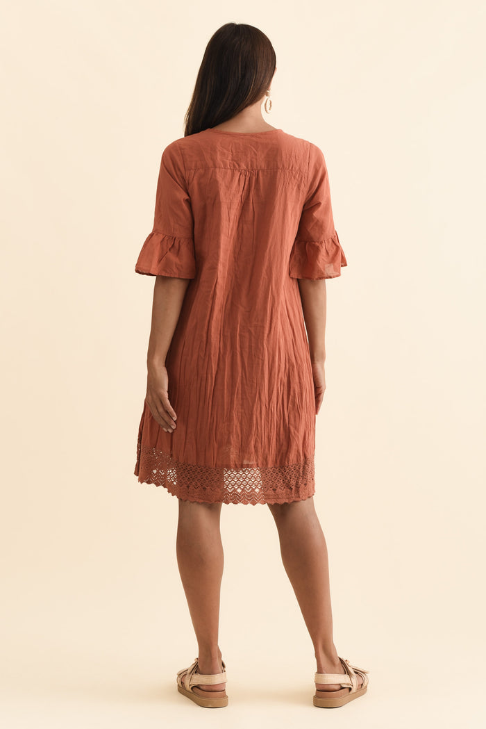 Cayman Rust Cotton Tunic Dress,Brunette model,alt text|model:Cara