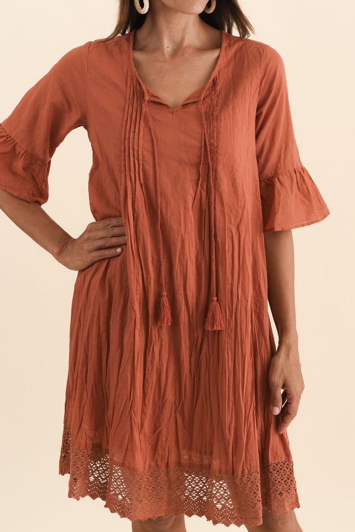 Cayman Rust Cotton Tunic Dress,Brunette model,alt text|model:Cara