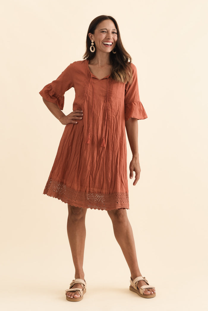 Cayman Rust Cotton Tunic Dress,Brunette model,alt text|model:Cara