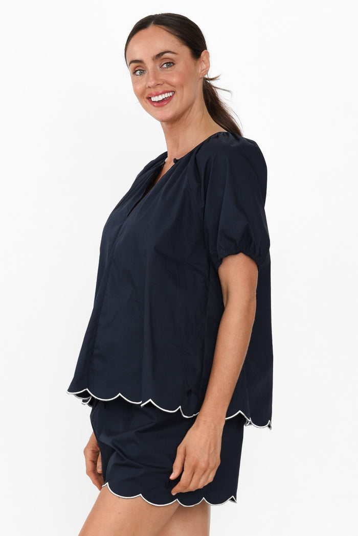 Celia Navy Cotton Pyjama Top,Brunette model,alt text|model:Elouise