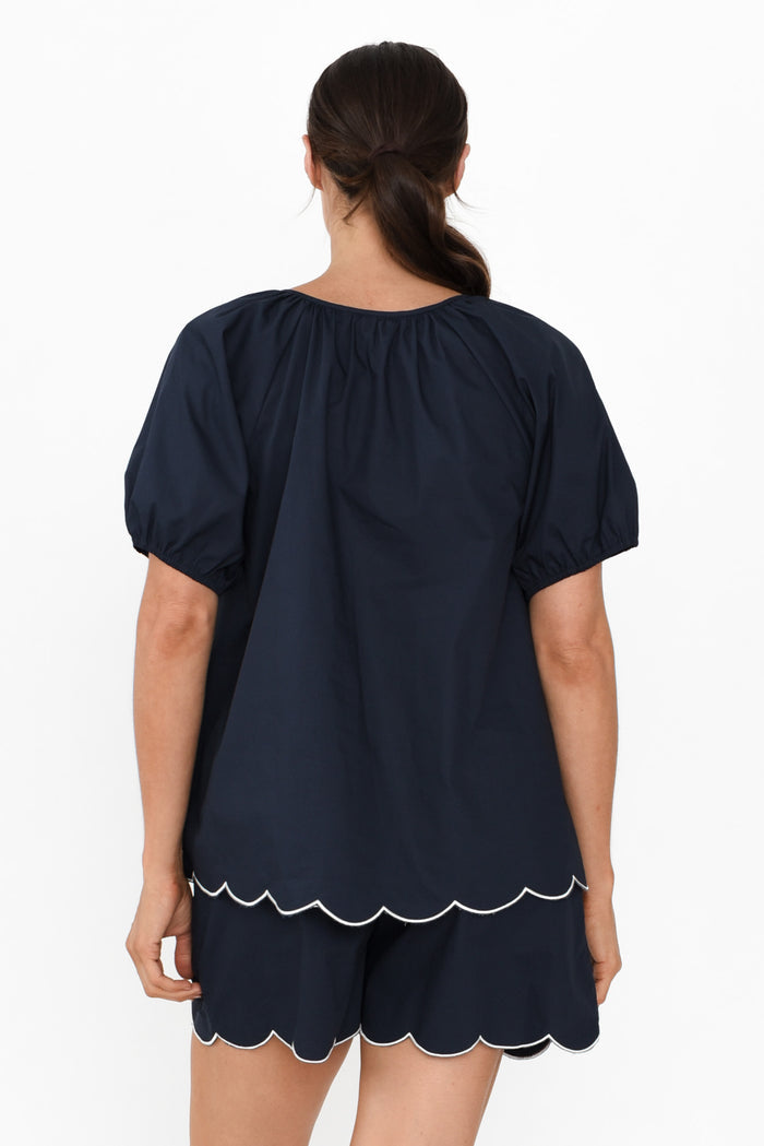 Celia Navy Cotton Pyjama Top,Brunette model,alt text|model:Elouise