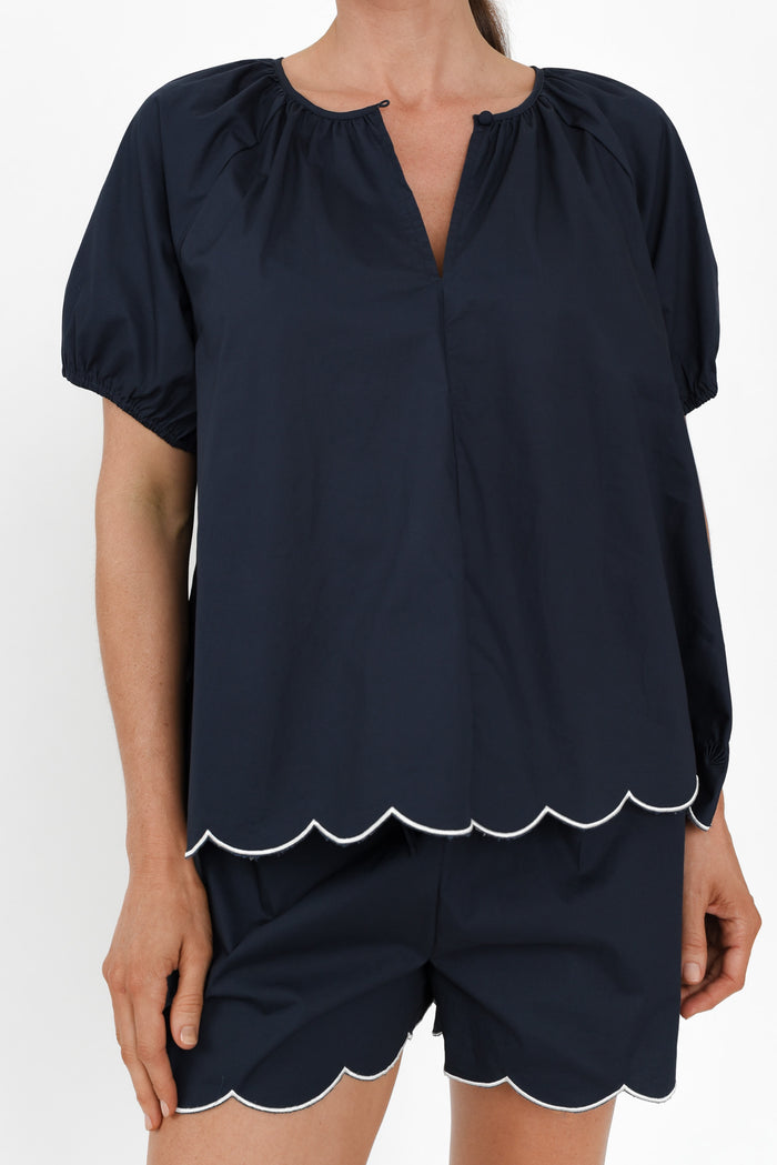 Celia Navy Cotton Pyjama Top,Brunette model,alt text|model:Elouise