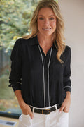Charlize Drape Shirt - Black/White Piping