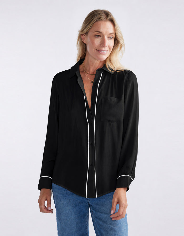 Charlize Drape Shirt - Black/White Piping