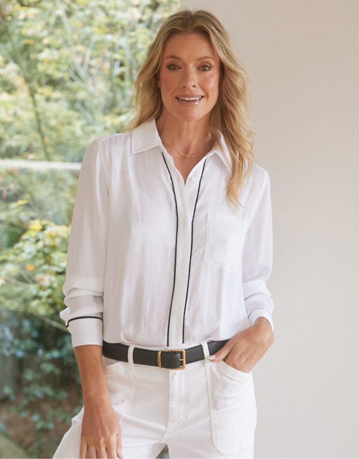 Charlize Drape Shirt - White/Black Piping