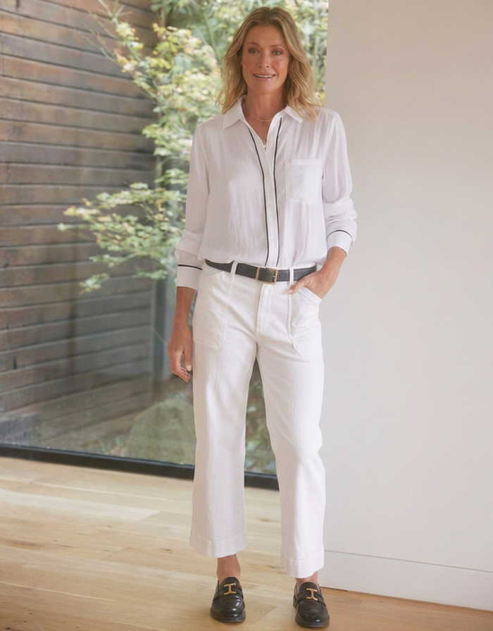 Charlize Drape Shirt - White/Black Piping