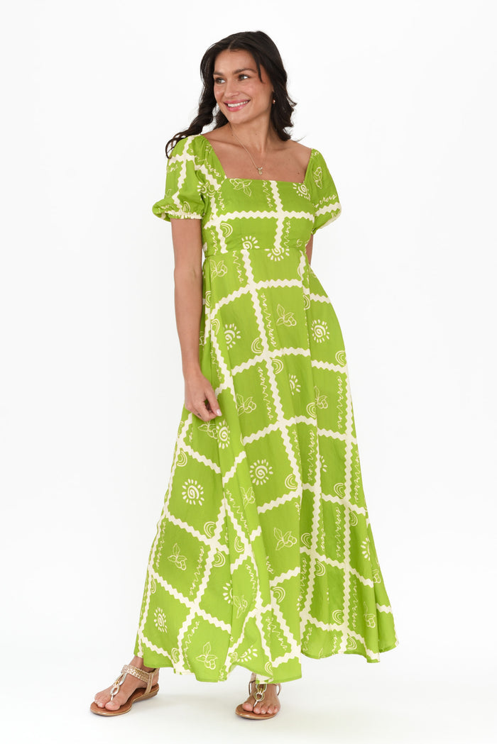 Charlotte Green Tile Maxi Dress,Brunette model,alt text|model:Brontie