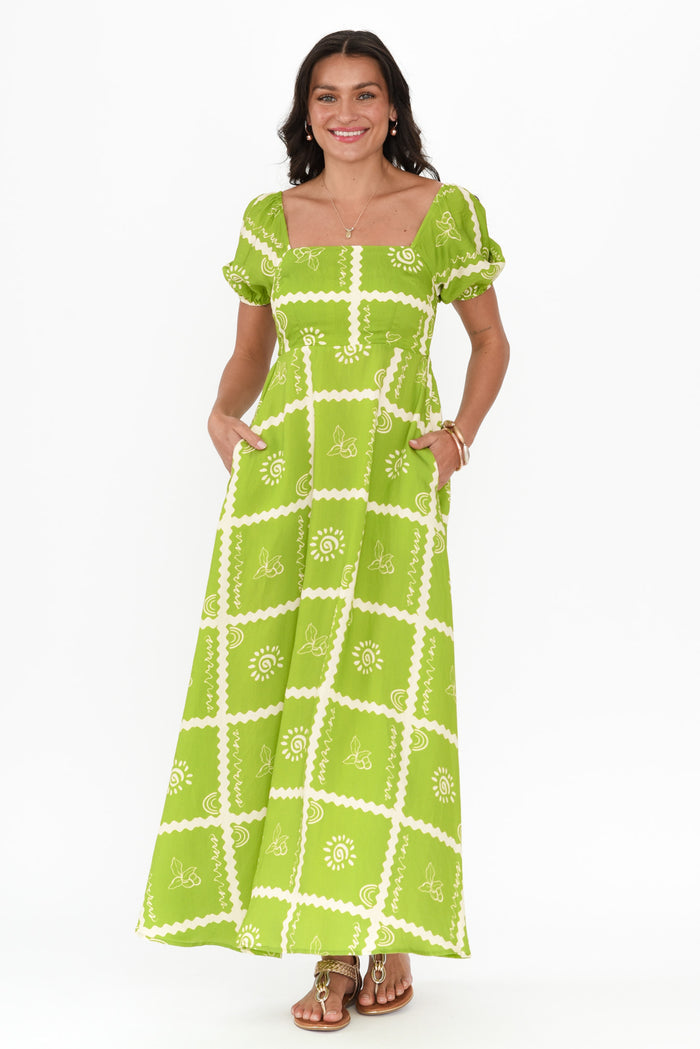 Charlotte Green Tile Maxi Dress,Brunette model,alt text|model:Brontie