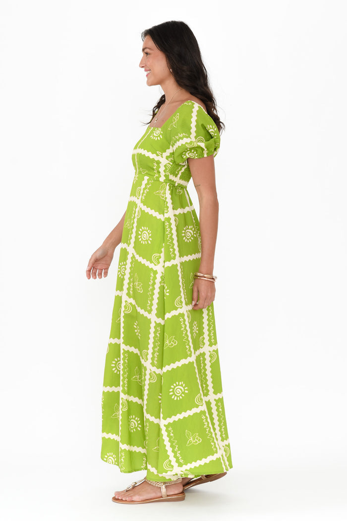 Charlotte Green Tile Maxi Dress,Brunette model,alt text|model:Brontie