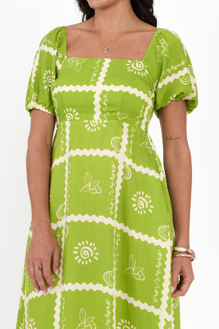 Charlotte Green Tile Maxi Dress,Brunette model,alt text|model:Brontie