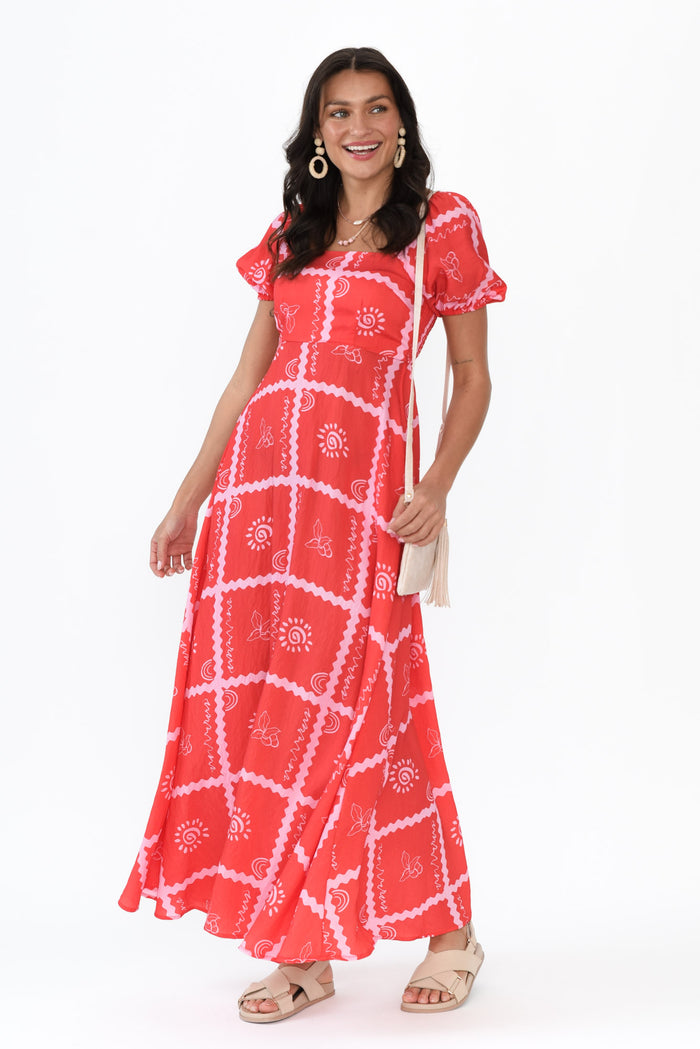 Charlotte Red Tile Maxi Dress,Brunette model,alt text|model:Brontie