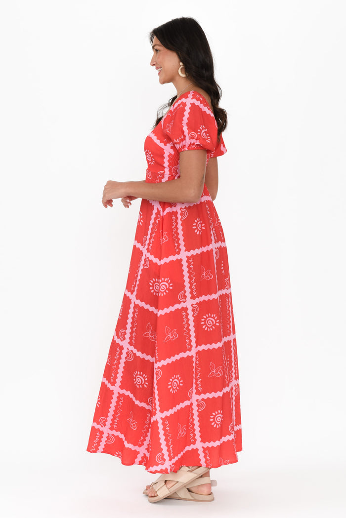Charlotte Red Tile Maxi Dress,Brunette model,alt text|model:Brontie