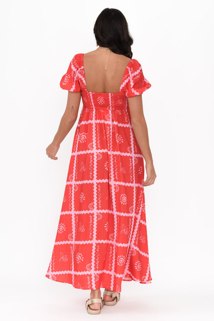 Charlotte Red Tile Maxi Dress,Brunette model,alt text|model:Brontie