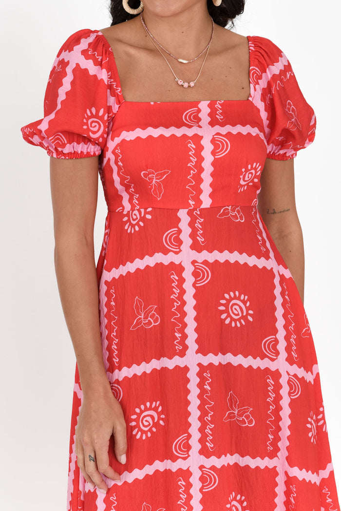 Charlotte Red Tile Maxi Dress,Brunette model,alt text|model:Brontie
